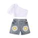 ZHAGHMIN Girls Hawaiian Shirt Kids Child Baby Girls Summer Set Short Sleeve Ribbed Vest Tops Flower Print Denim Shorts Pants Outfits Set Baby Girl Clothes Baby Blankets And Headband Jumper Outfits F