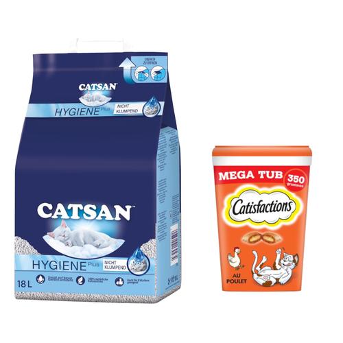 18 l Hygiene plus Catsan Katzenstreu + 2 x 350 g Megatub mit Huhn Dreamies Katzensnacks zum...
