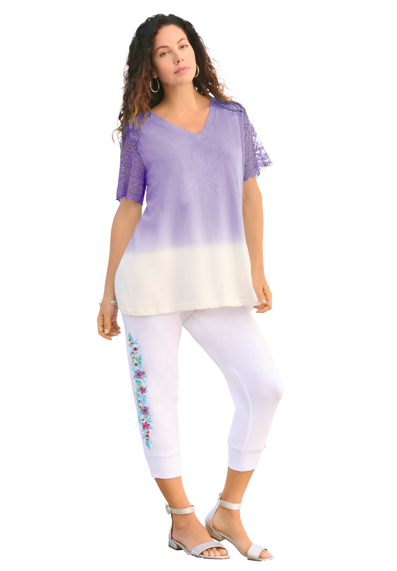 Plus Size Women's Lace-Sleeve Ombre Slub Tee by Roaman's in Vintage Lavender (Size 18/20)