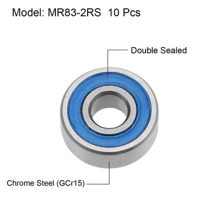 MR83-2RS Ball Bearings Z2 3x8x3mm Double Sealed Chrome Steel Blue Seal 10pcs