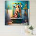 Trinx Giraffe Caricature Splashing Around in a Flower Bath I - Wrapped Canvas Print Canvas in Blue/Brown/Green | 24 H x 24 W x 1 D in | Wayfair