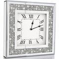 Crystal Crush Diamond Mirrored Square Wall Clock with Sparkle Twinkle Bling Diamond Decor for Wall Decoration, 12x12inch Decorative Silver Mirror Quartz Clock for Home Decor. AA Battery not included