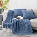 Homiest Cable Knit Throw Blanket and Pillow Set, Dusty Blue Throw Blanket Set of 3, Knitted Throw Blanket (50"x60") & 2 Pillow Covers (18"x18"), Soft & Cozy Decorative Throw Blanket for Couch Bed Sofa