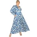 Lovedrobe Damen Womens Dress Plus Size Ladies V Neckline Maxi Long Sleeve Length Tie Belt Bishop Flower Pattern for Office Party Kleid, Blue, 50