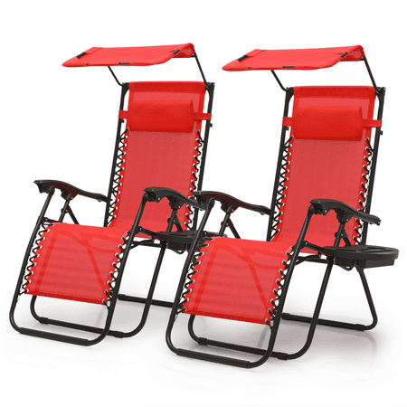 Magshion Zero Gravity Chair Set of 2 Folding Lounge Chair with Canopy Shade and Cup Holder Adjustable Reclining Patio Chairs for Outdoor Red