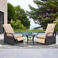 Arttoreal 3PCS Rattan Wicker Adjustable Recliner Chair with Cushion and Glass Top Side Table for Outdoor Patio Garden Khaki