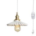 FSLiving Swag Pendant Light with 15ft White Plug-in Dimmable Twisted Cord Retro Ceramic Marble Shade Light Fixtures Nordic Hanging Ceiling Light for Kitchen Bar Island Bulb Not Included - 1 Light