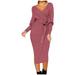 iOPQO Long Sleeve Dress Womens Dresses Sweaters for Women Women s Sexy Knotted Sweater Dress V Neck Bag Hip Long Sleeves Tie Waist Knitted Sweater Pencil Dress Women s Sweater Dress Pink 3Xl