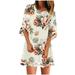 YUNAFFT Clearance Dresses Plus Size Fire Sale Fashion Women Casual V-Neck Net Yarn Flared Sleeve Printing Loose Dress