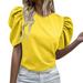 iOPQO Crop Tops Going Out Tops Womens Round Neck T Shirt Puff Sleeve Tops Ruched Elegant Summer TShirts Top t shirts for women Yellow + S Cute Tops Summer Tops Tshirts Shirts Basic Tees