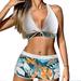 iOPQO swimsuit women Women s 2 Piece Outfits Swimsuit Seft Tie Swimwear Tropical Print Beachwear Set Bikini With Shorts Swimwears Tankinis Set White L