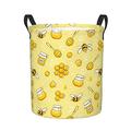 Dujiea Bees Honey Laundry Basket Round with Handle, Collapsible Foldable Canvas Storage Bin Dirty Clothes Bag for Laundry/Toys Organizer/College Dorm/Nursery/Decor(2 Sizes)