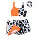 Girls 3-Piece Swimsuit Cow Print Bikini Tops Underpants Shorts Pant Hair Band Set Bathing Suit Size 6-14 Years