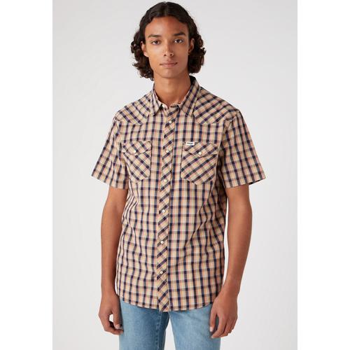 „Karohemd WRANGLER „“Western““ Gr. M, N-Gr, braun (tobacco brown) Herren Hemden Kurzarm“