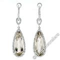 New Elegant 14K White Gold Faceted Pear Shape Smoky Quartz & .48Ctw Diamond Halo Day Night Hoop Dangle Earrings With Unique Omega Closures