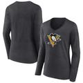 Women's Fanatics Branded Heather Charcoal Pittsburgh Penguins Primary Team Logo Long Sleeve V-Neck T-Shirt