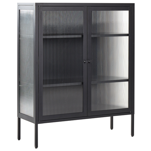 Büroschrank Schwarz aus Stahl 90 x 35 x 111 cm, 2 Türen, Glasfront und -seiten, Vitrine
