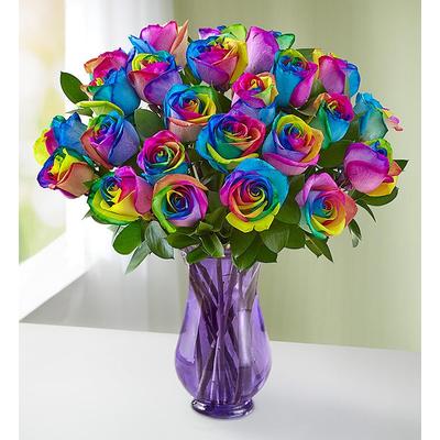 1-800-Flowers Flower Delivery Rainbow Roses 24 Stems W/ Purple Vase