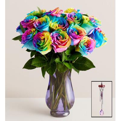 1-800-Flowers Flower Delivery Rainbow Roses 24 Stems W/ Purple Vase & Windchime