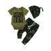 Newborn Baby Boys 3Pcs Spring Outfits Set Short Sleeve Letter Romper Pants Top Knot Hat Clothes Set Green 3-6 Months