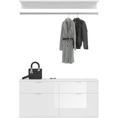 Garderoben-Set INOSIGN "Trondheim, Breite 121 cm, best. aus Kommode, Garderobenstange & Ablage", weiß (korpus, front: weiß, weiß hochglanz), B:121cm H:61cm T:34cm, Kastenmöbel-Sets, Zwischenbauelement für Hochschränke der Serie Trondheim Image