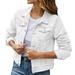 iOPQO womens sweaters Women s Basic Solid Color Button Down Denim Cotton Jacket With Pockets Denim Jacket Coat Women s Denim Jackets White S