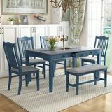 Mid-Century 6-Piece Wood Dining Table Set Kitchen Table Set with Drawer Upholstered Chairs and Bench Antique Blue