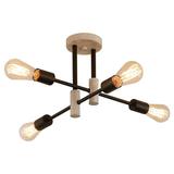 Q&S Farmhouse Ceiling Light Fixtures Oak+Black 4-Lights Rustic Vintage Metal Sputnik Chandelier for Bedroom Living Room Dining Room Kitchen Entryway Hallway Office UL Listed