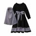Odeerbi Muslim Dress For Girls 2024 Long Sleeve Round Neck Patchwork Color Long Dress with Headband Cover Two-piece Set Black