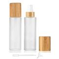 Frosted Glass Lotion Bottle 2 Pack Cosmetic Cream Bottles With Bamboo Lid Empty Travel Spray Bottles Pump Dispenser For Essential Oil Emulsion Essence Liquid (80ml)