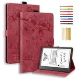 Case for Amazon Kindle Scribe 10.2 Embossed Multiple Viewing Angles PU Leather Magnetic Stand Flip Folio Case Cover with Card Slots & Pencil Holder for Amazon Kindle Scribe 10.2 Winered