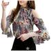 iOPQO Chiffon Shirt For Women Fashion Women Plus Szie Floral Chiffon Floral Short Sleeve Off-Shoulder Blouse Blue + XL