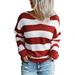 iOPQO Sweaters For Women Women s Crew Neck Long Sleeve Color Block Knit Sweater Casual Pullover Jumper Tops (Without Positioning Printing) Women s Pullover Sweater Red Xl