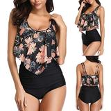 iOPQO swimsuit women Women Two Piece Plus Size Backless High Neck Halter Floral Printed Set Swimwears Tankinis Set Black M