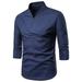 iOPQO mens dress shirts Men s Retro casual fashion solid color linen slim middle sleeve T-shirt dress shirts for men Navy + XL