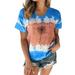 iOPQO womens t shirts Womens Casual Fashion Flower Round Neck Tie Dye Printing Short Sleeve T Shirt Blouse Tops t shirts for women Blue + M