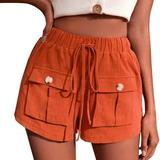 JDEFEG Cropped Pants for Women Casual Petite Women s Linen Shorts Casual Elastic Waist Rope Drawstring with Pockets Pull On Summer Beach Hem Pants Office Pants for Women Stretch Orange S