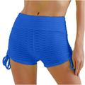 Biker Shorts Yoga Pants for Women Pure Color High Waist Side Drawstring Textured Ruched Stretchy Sports Beach Hot Pants (S Blue-N)