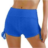 Biker Shorts Yoga Pants for Women Pure Color High Waist Side Drawstring Textured Ruched Stretchy Sports Beach Hot Pants (S Blue-N)
