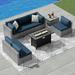 Walsunny 8 PCS Patio Furniture Set with 45 50000BTU Gas Propane Fire Pit Table All Weather PE Wicker Rattan Patio Conversation Sofa Silver Rattan/Aegean Blue
