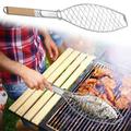 SDJMa Fish Grill Basket Stainless Steel Vegetable Grilling Basket with Wood Handle Fish Shape Barbecue Grill Basket for Outdoor Picnic Camping Bonfire Party