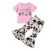 Rovga Outfits For Girls Toddler Short Sleeves Kids Cow Top Letters Prints Outfits Set Bell Bottom Pants Flared Outfits Set For 4-5 Years