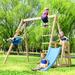 iRerts Outdoor Swing Sets for Kids 3 in 1 Wooden Swing Set with Slide Swing and Climbing Rope Ladder Kids Climb Swing Playground Set for Backyard Garden Park Kids Backyard Swing Set for Boys Girls