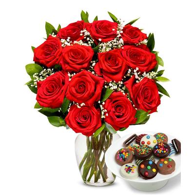 Flowers - One Dozen Roses with Celebration Chocolate Oreos