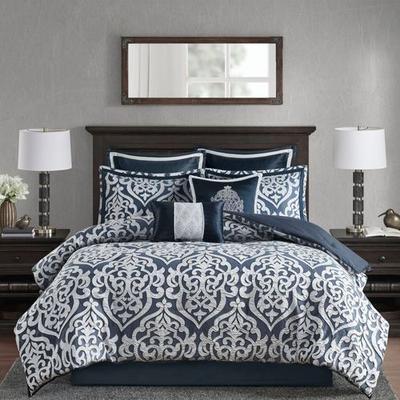 Odette Scroll Comforter Bed Set Midnight Blue, Que...