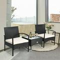 Gymax 3PCS Patio Rattan Furniture Set Outdoor Wicker Set 2 Rattan Chair & Coffee Table w/ Cushion
