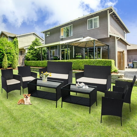 8 PCS Patio Rattan Conversation Furniture Set Patio Rattan Sofa Set Cushioned Seat & Glass Table Patio Sofa Set All-Weather Outdoor Rattan Set Patio Rattan Sofa Set for Garden Porch Balcony T206