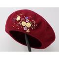 100% Wool Beret Hat, Large Handmade Hand Embroidered Flower Winter French Cap Burgundy