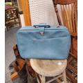 No Name, Medium Sized, Powder Blue, Soft Sided, Vintage Suitcase With Silver Toned Chrome, Mid Century Case