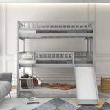 Triple Bunk Bed with Built-in Ladder and Slide, Wooden Full Over Full Over Full Bunkbed Fram with Guardrails for Bedroom